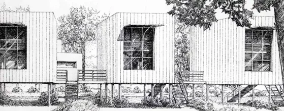 Croquis architectural de maisons sur pilotis, projet d’implantation légère en milieu naturel, volumes simples et élévation bois, étude signée Le Quilleuc Architecte.