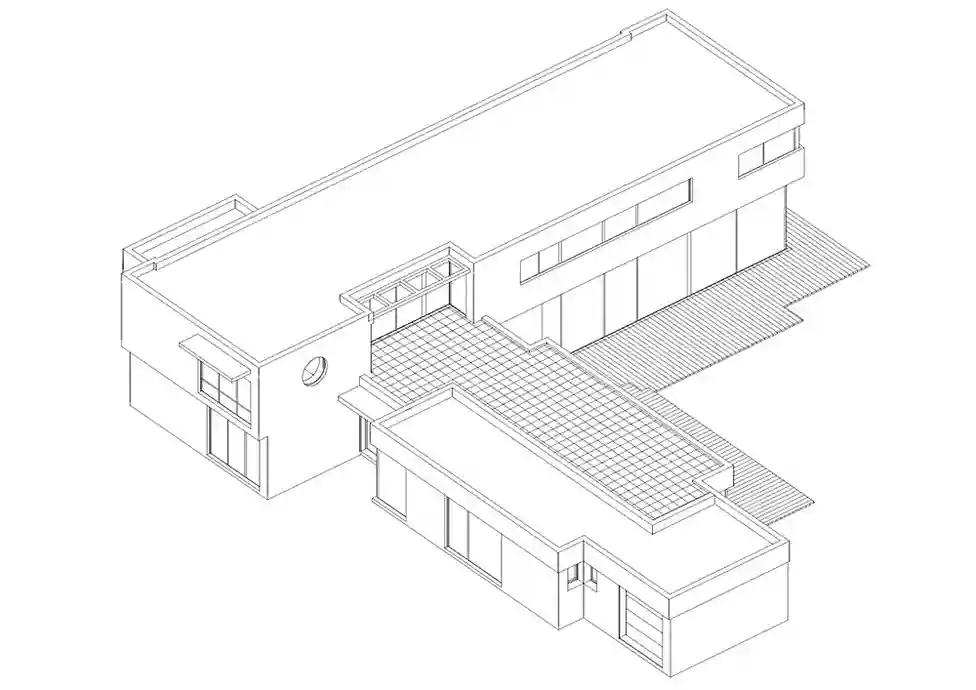 Maison en Pierre Moderne: vue 3D axo sud-ouest