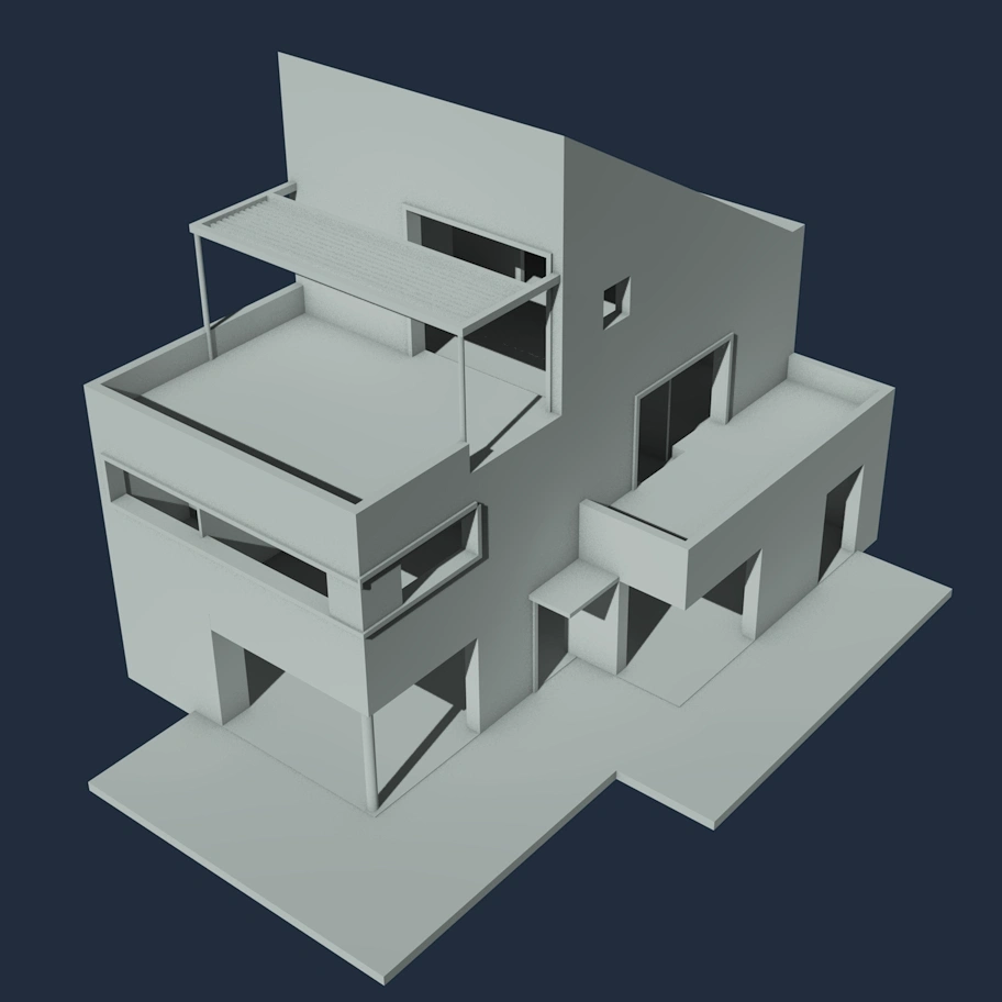 Maison individuelle architecte: maquette blanche , vue aérienne sud-ouest