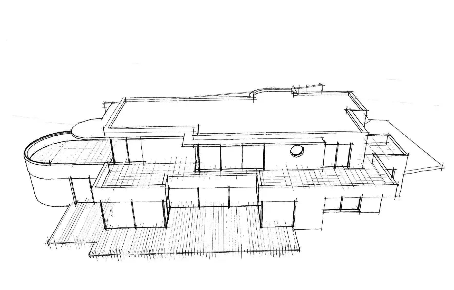 Maison Art déco : dessin au trait , côté jardin