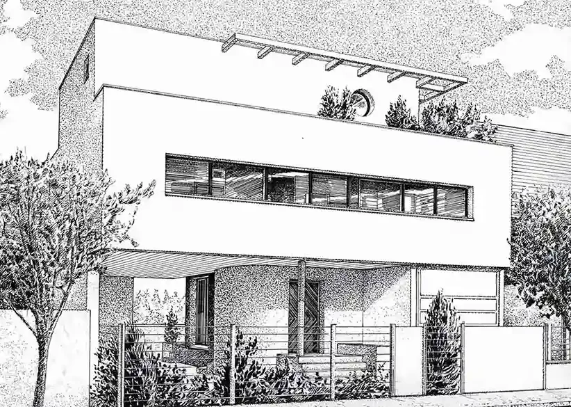 Maison moderne toit plat: dessin au trait , vue à partir de la rue