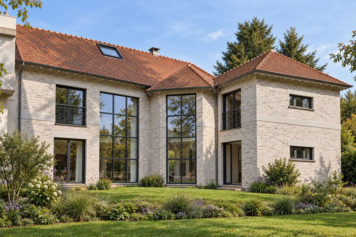 Maison classique contemporaine à Saint-Cloud : façades en brique claire, grandes baies et toiture en tuiles.